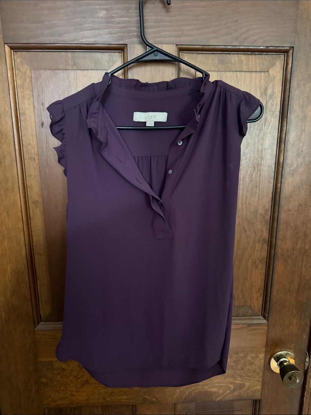 LOFT Plum Ruffle Sleeve V-Neck Blouse